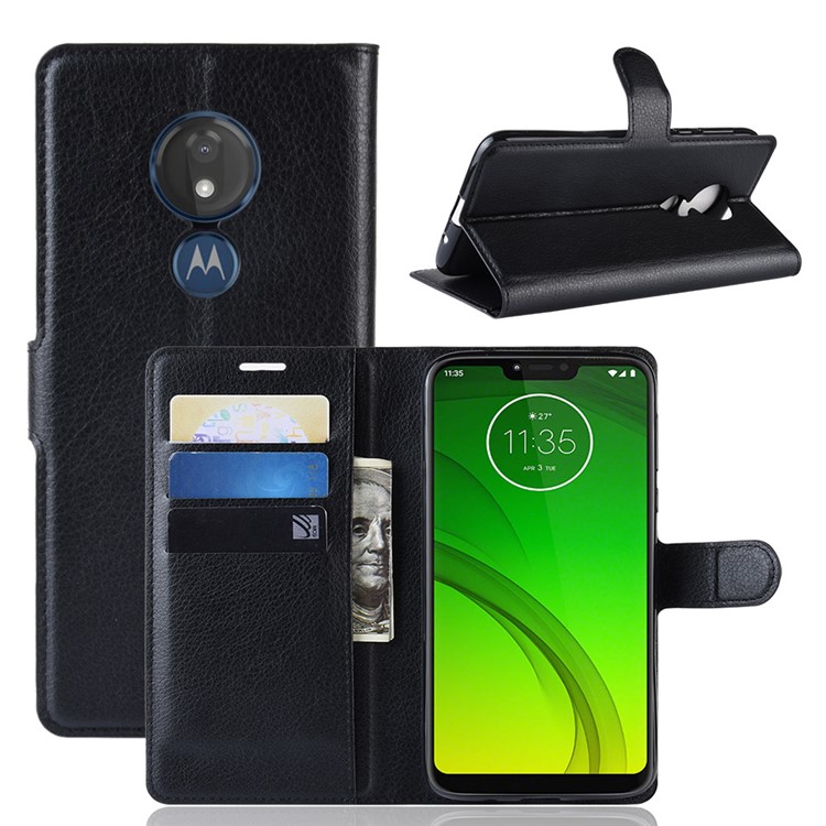 Litchi Skin PU Leather Wallet Stand Phone Cover for Motorola Moto G7 Power (EU Version) - Black-1