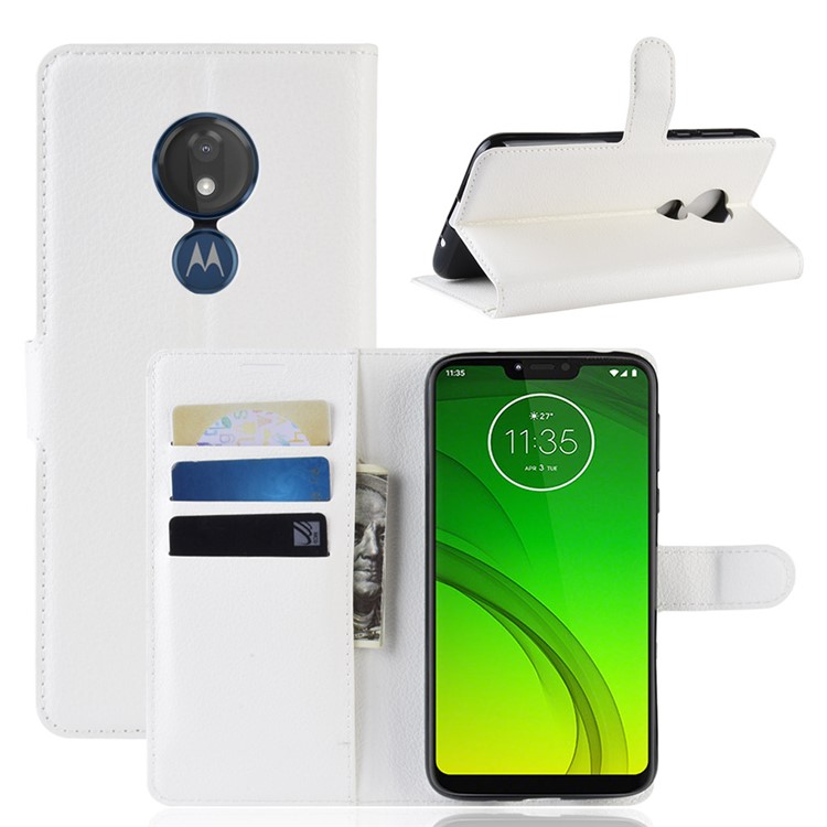 Litchi Skin PU Leather Wallet Stand Phone Cover for Motorola Moto G7 Power (EU Version) - White-1