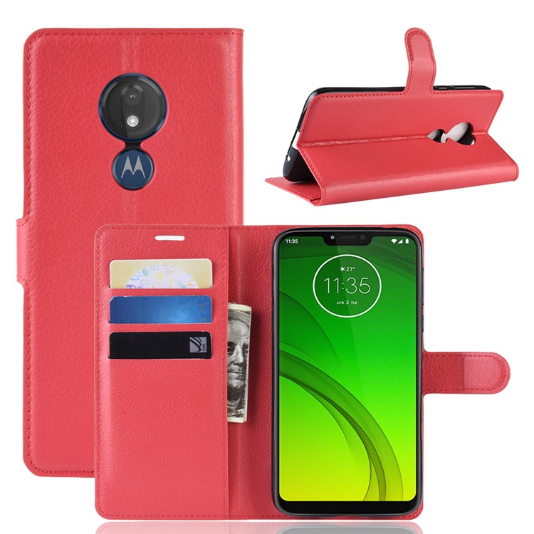 Litchi Skin PU Leather Wallet Stand Phone Cover for Motorola Moto G7 Power (EU Version) - Red-1