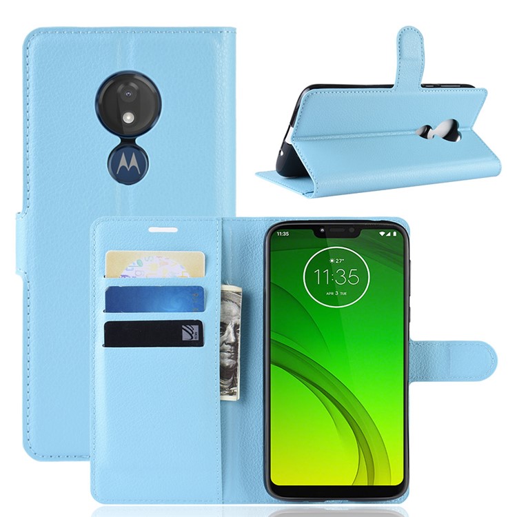 Litchi Skin PU Leather Wallet Stand Phone Cover for Motorola Moto G7 Power (EU Version) - Blue-1
