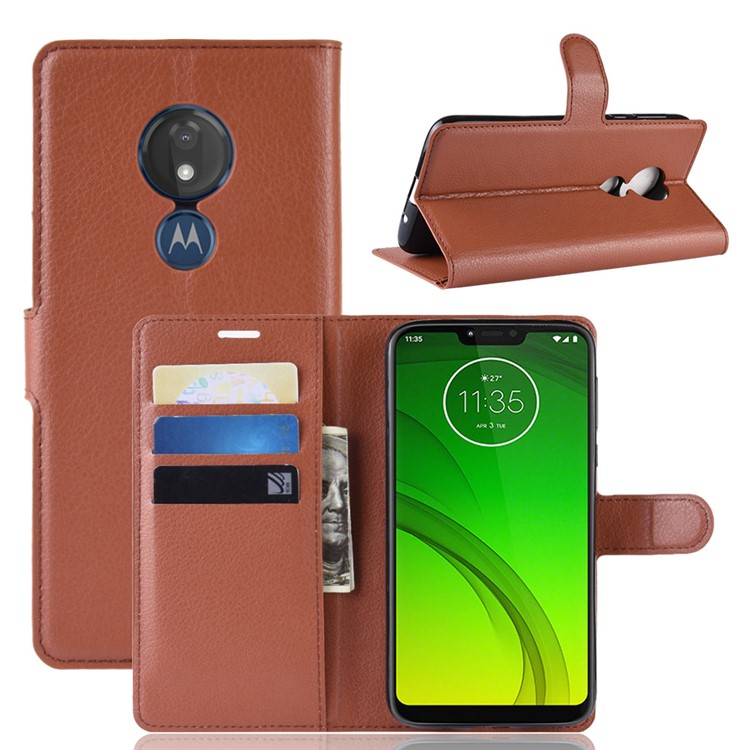Litchi Piel PU Cartera De Cuero Soporte Del Teléfono Cubierta Para Motorola Moto G7 Poder (versión Eu) - Marrón-1