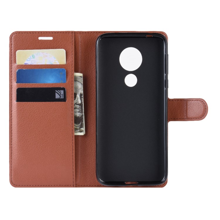 Litchi Piel PU Cartera De Cuero Soporte Del Teléfono Cubierta Para Motorola Moto G7 Poder (versión Eu) - Marrón-3
