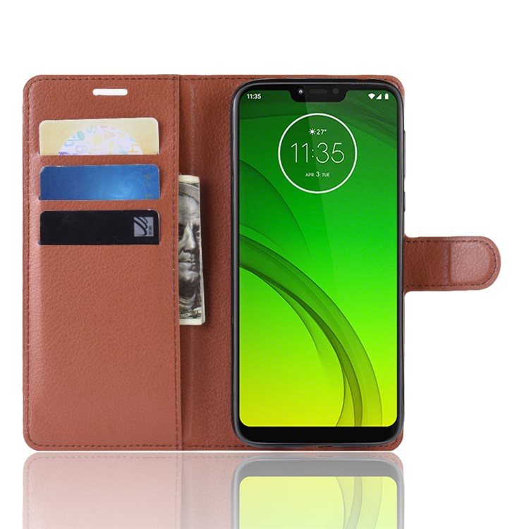 Litchi Piel PU Cartera De Cuero Soporte Del Teléfono Cubierta Para Motorola Moto G7 Poder (versión Eu) - Marrón-4
