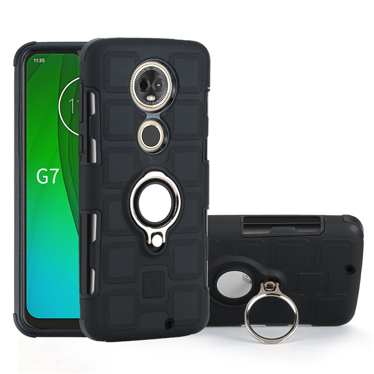 Geometric Pattern TPU PC Hybrid Shell with Kickstand for Motorola Moto G7 - Black-1