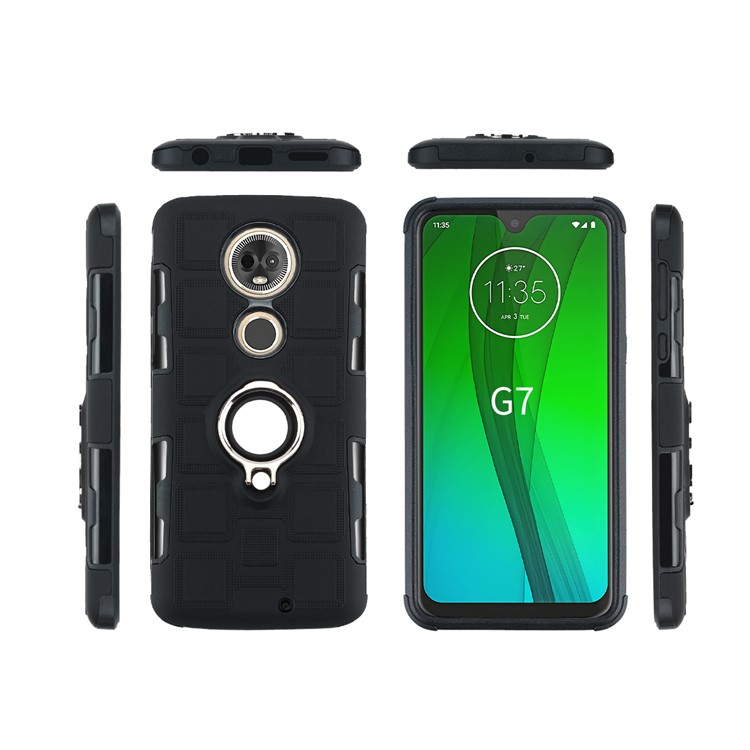 Geometric Pattern TPU PC Hybrid Shell with Kickstand for Motorola Moto G7 - Black-4