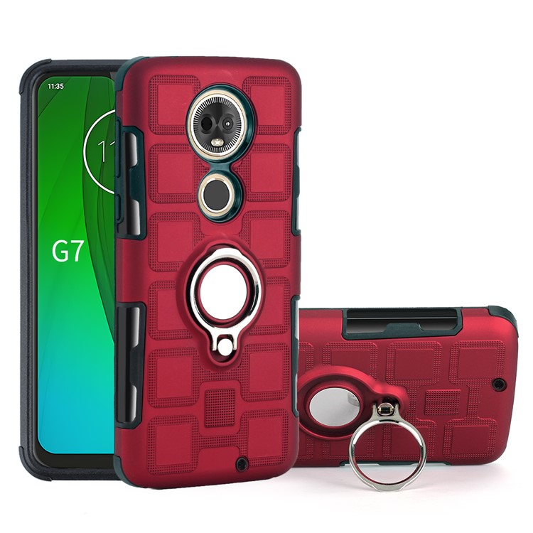 Motivo Geometrico TPU PC Shell Ibrida Con Cavalletto Per Moto G7 - Rosso-1