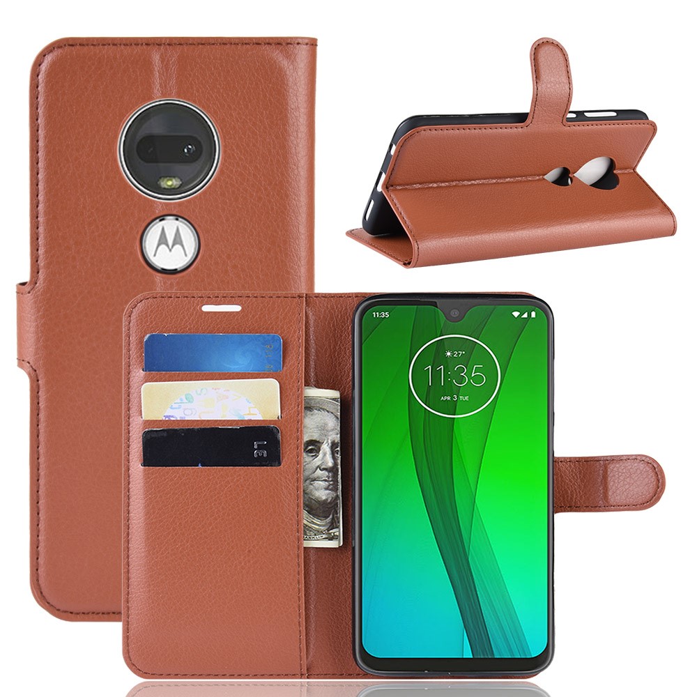 Litchi Skin Wallet Leather Stand Case for Motorola Moto G7 / G7 Plus - Brown-1