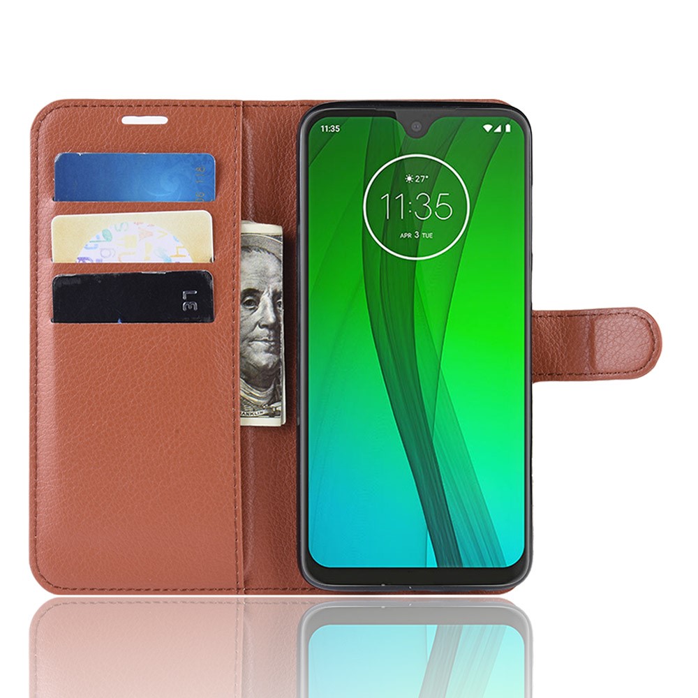 Litchi Skin Wallet Leather Stand Caso Para Motorola Moto G7 / G7 Plus - Castanho