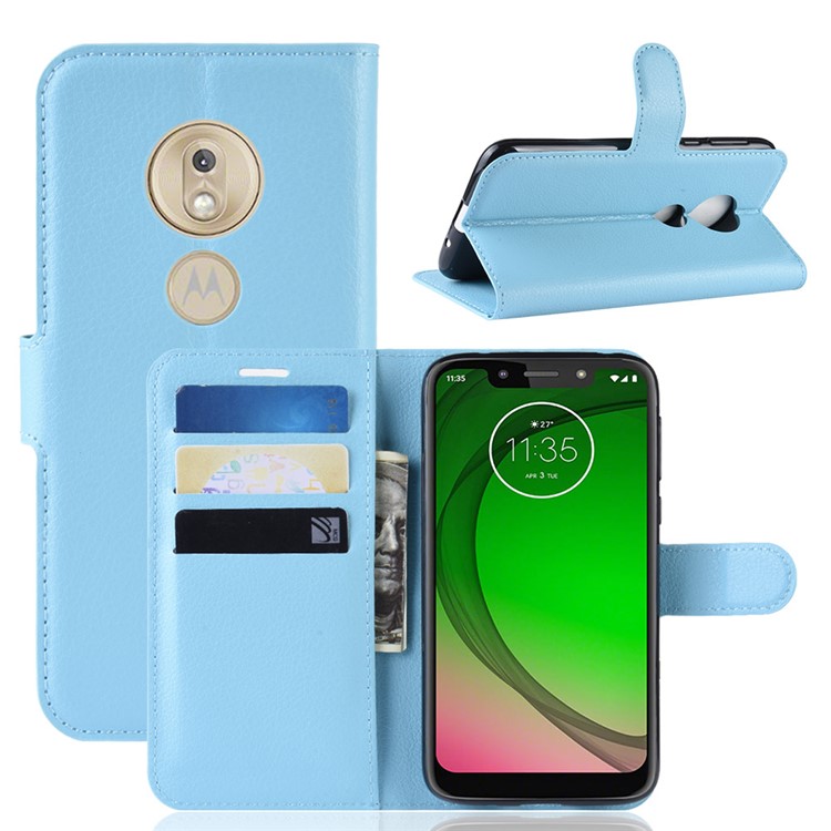 Litchi Skin PU Leather Wallet Stand Mobile Shell for Motorola Moto G7 Play (US Version) - Blue-1