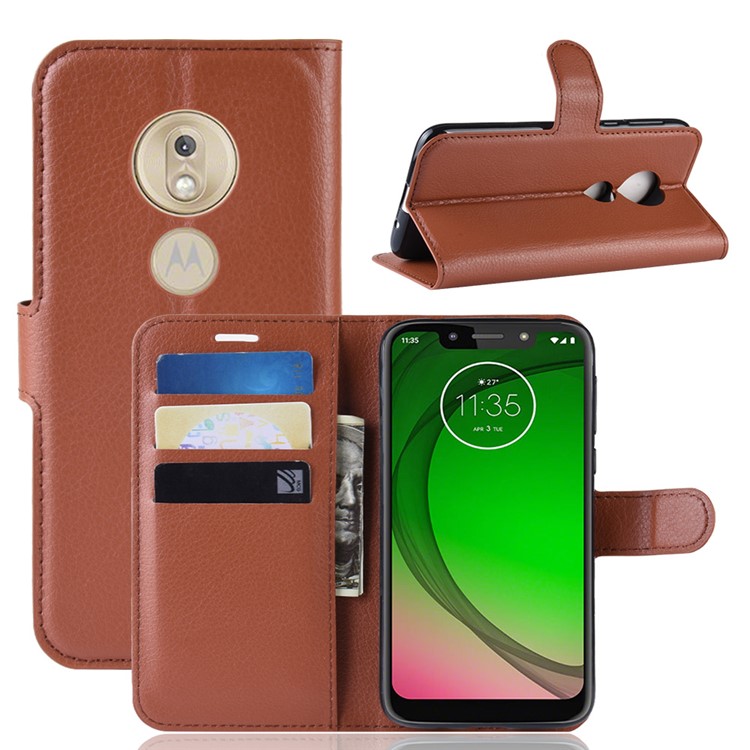 Litchi Skin PU Leather Wallet Stand Mobile Shell for Motorola Moto G7 Play (US Version) - Brown-1
