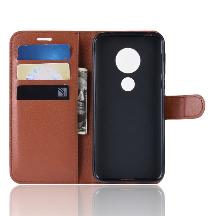 Litchi Skin PU Leather Wallet Stand Mobile Shell for Motorola Moto G7 Play (US Version) - Brown-3