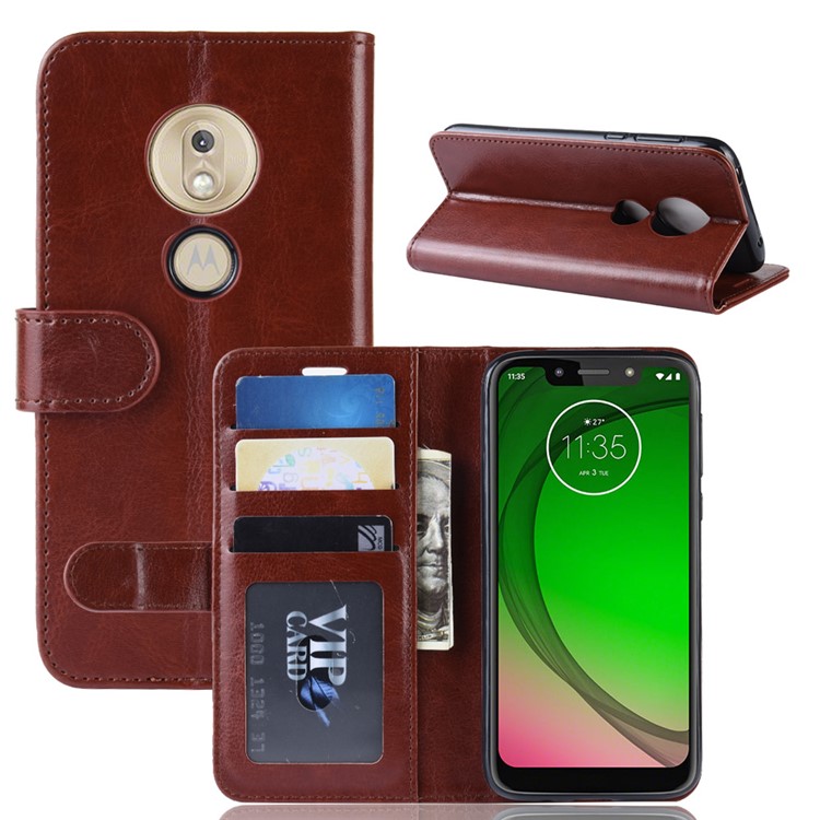 Cavalo Louco Capa De Telefone Celular De Couro PU Com Suporte Carteira Para Motorola Moto G7 Play (us Version) - Castanho-1