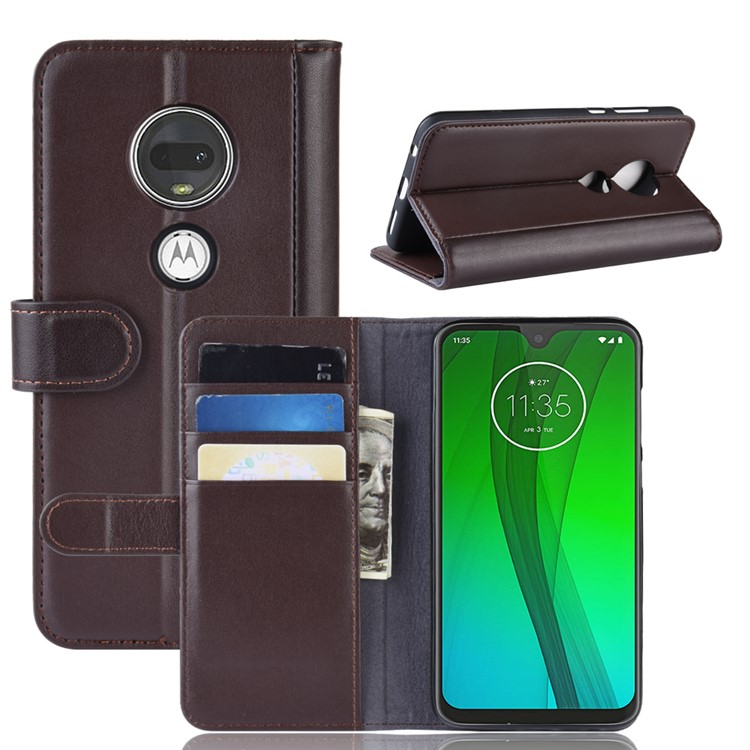 Genuine Split Leather Wallet Stand Cover for Motorola Moto G7/G7 Plus - Brown-1