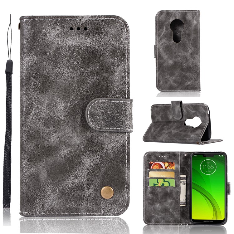 Premium Vintage Leather Wallet Case for Motorola Moto G7 Power (US Version) / G7 Power (EU Version) - Grey-1