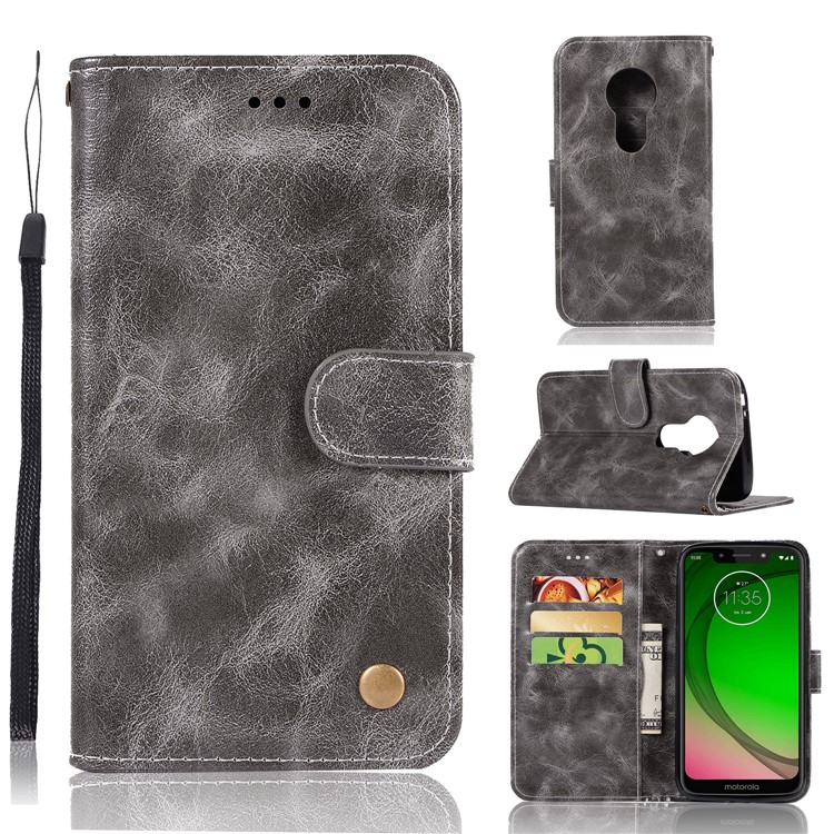 Premium Vintage Leather Wallet Flip Cover for Motorola Moto G7 Play (US Version) - Grey-1
