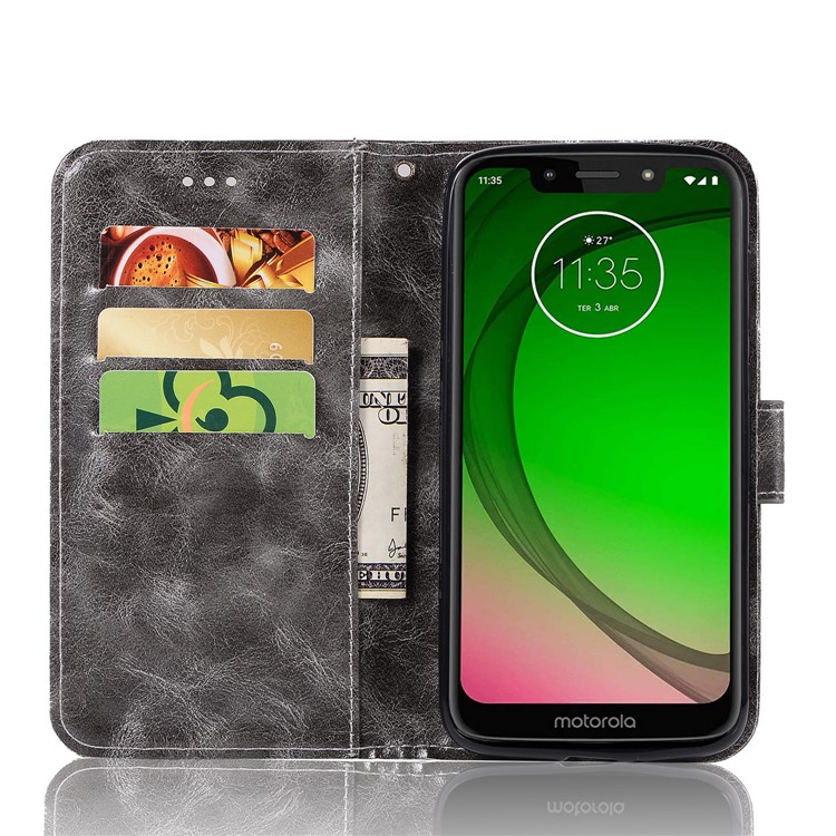 Premium Vintage Leather Wallet Flip Cover for Motorola Moto G7 Play (US Version) - Grey-5