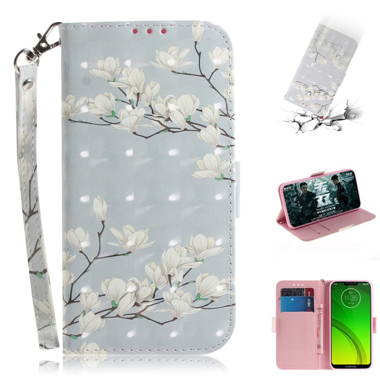 Pattern Printing Light Spot Decor Magnetic Leather Stand Case for Motorola Moto G7 Power - White Flowers-1