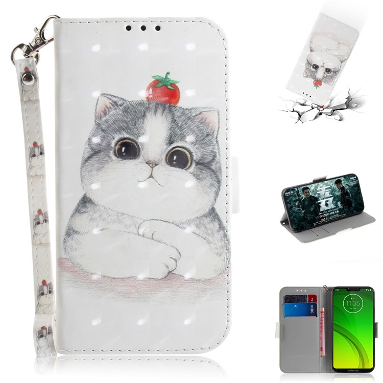 Pattern Printing Light Spot Decor Magnetic Leather Stand Case for Motorola Moto G7 Power - Cat Holding a Tomato-1
