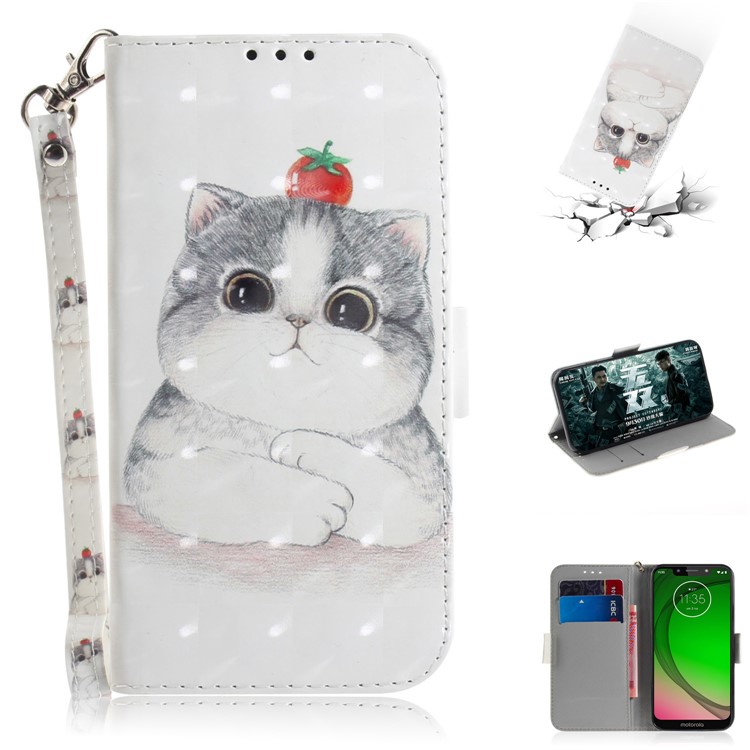 Pattern Printing Light Spot Decor Leather Wallet Case for Motorola Moto G7 Play - Cat Holding a Tomato-1