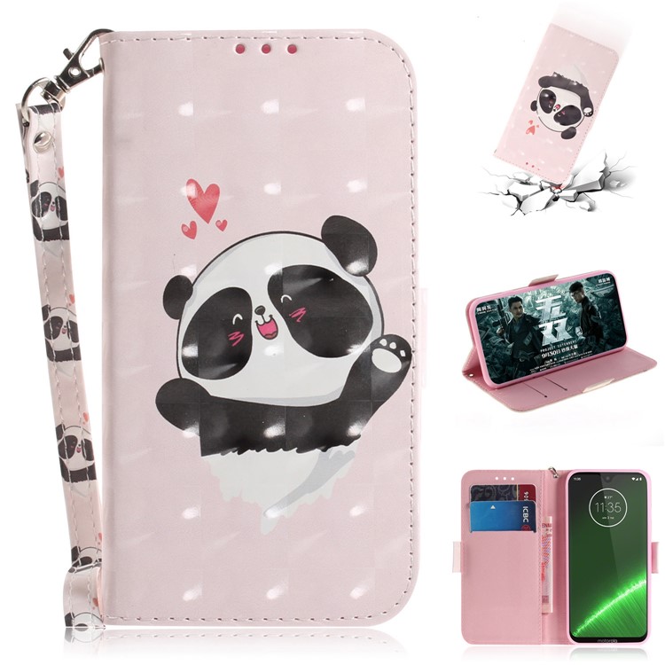 Brieftasche-Etui Aus Kunstleder Mit Lichtpunktdekor Für Motorola G7 / G7 Plus - Panda Und Herzen-1