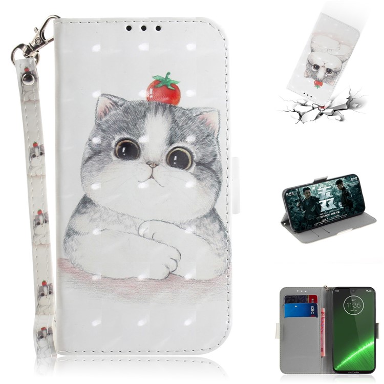 Pattern Printing Light Spot Decor Leather Wallet Case for Motorola Moto G7 / G7 Plus - Cat Holding a Tomato-1