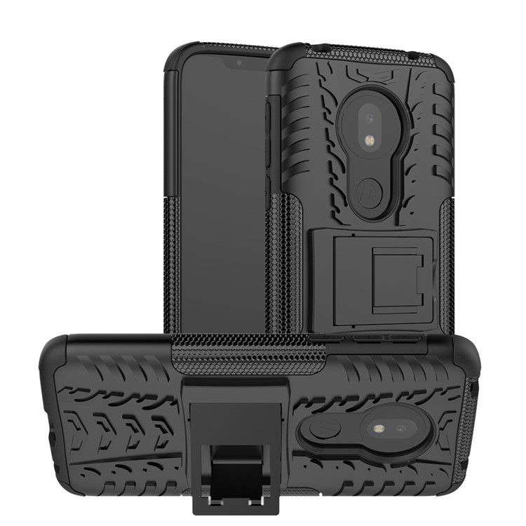 2-in-1 Tyre Pattern PC TPU Hybrid Kickstand Casing for Motorola Moto G7 Play (US Version) - Black-1