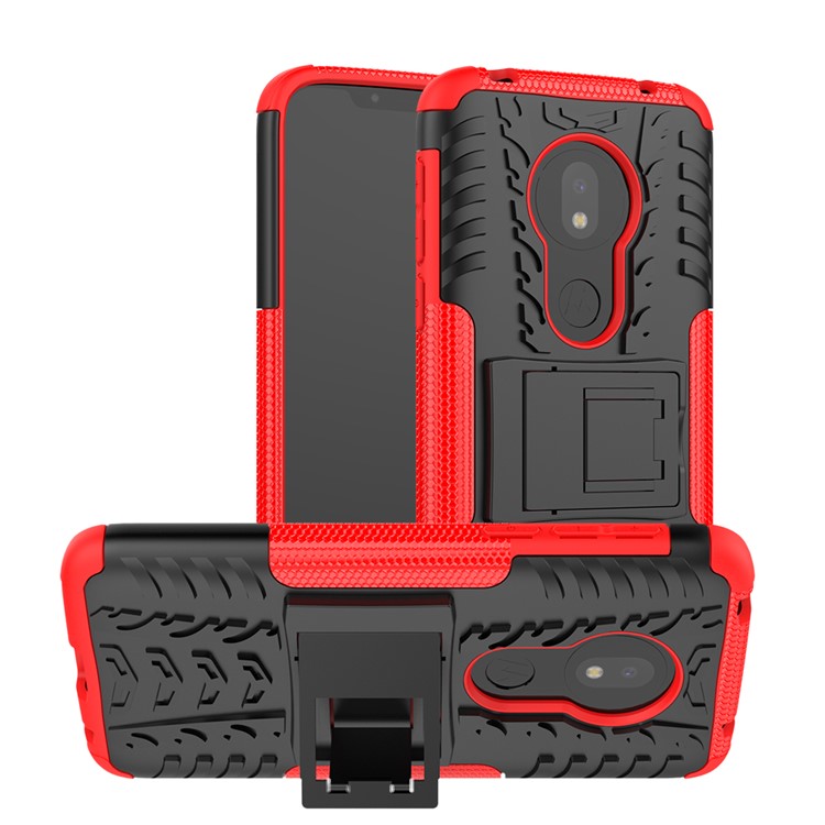 2-in-1 Tyre Pattern PC TPU Hybrid Kickstand Casing for Motorola Moto G7 Play (US Version) - Red-1