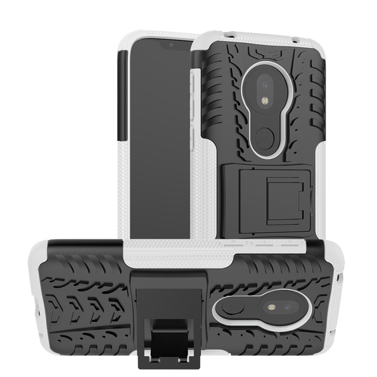 2-in-1 Tyre Pattern PC TPU Hybrid Kickstand Casing for Motorola Moto G7 Play (US Version) - White-1