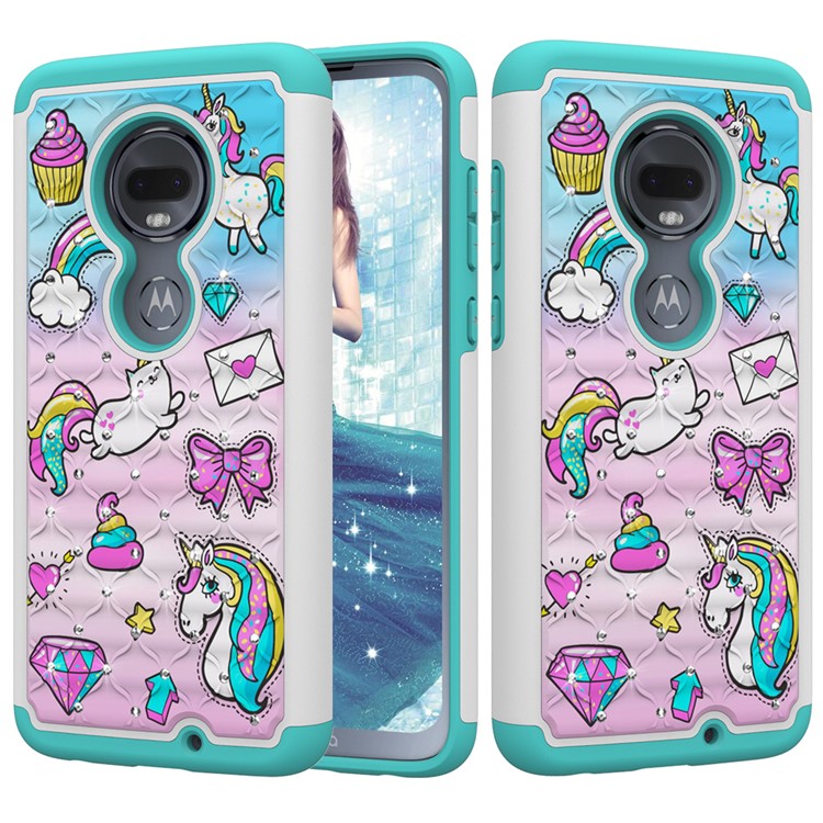 Patterned Rhinestone Decor PC TPU Phone Case for Motorola Moto G7/Moto G7 Plus - Unicorn and Bowknot-1