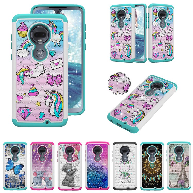 Patterned Rhinestone Decor PC TPU Phone Case for Motorola Moto G7/Moto G7 Plus - Unicorn and Bowknot-10