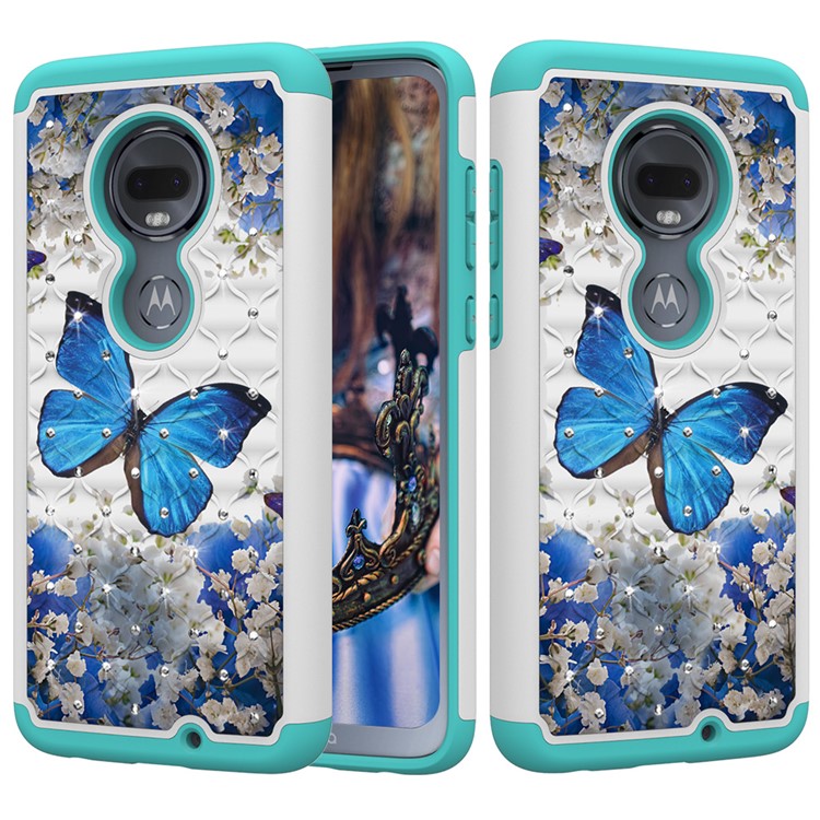 Patterned Rhinestone Decor PC TPU Phone Case for Motorola Moto G7/Moto G7 Plus - Blue Butterfly-1
