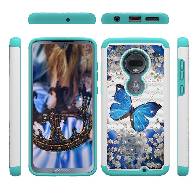Patterned Rhinestone Decor PC TPU Phone Case for Motorola Moto G7/Moto G7 Plus - Blue Butterfly-6