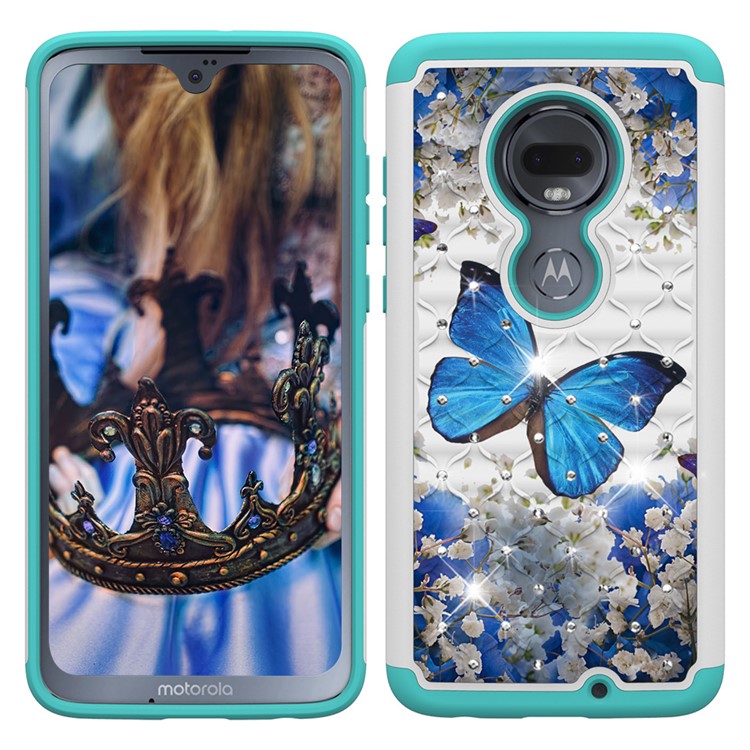 Patterned Rhinestone Decor PC TPU Phone Case for Motorola Moto G7/Moto G7 Plus - Blue Butterfly-7