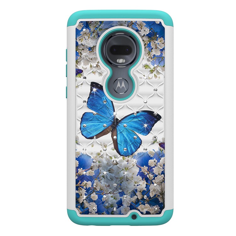 Patterned Rhinestone Decor PC TPU Phone Case for Motorola Moto G7/Moto G7 Plus - Blue Butterfly-8