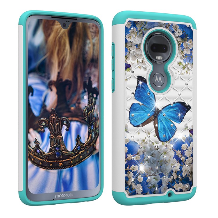 Patterned Rhinestone Decor PC TPU Phone Case for Motorola Moto G7/Moto G7 Plus - Blue Butterfly-9