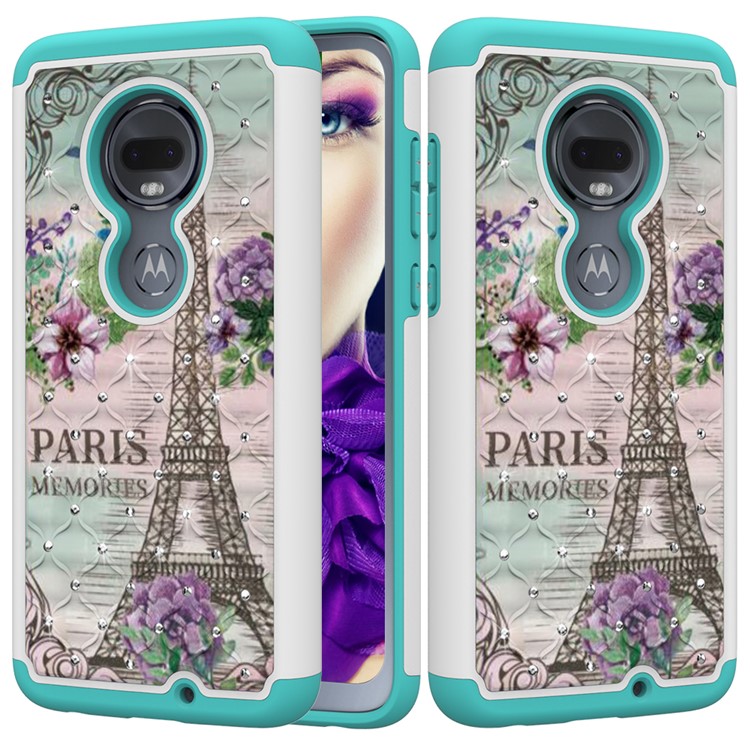 Patterned Rhinestone Decor PC TPU Phone Case for Motorola Moto G7/Moto G7 Plus - Eiffel Tower and Flower-1