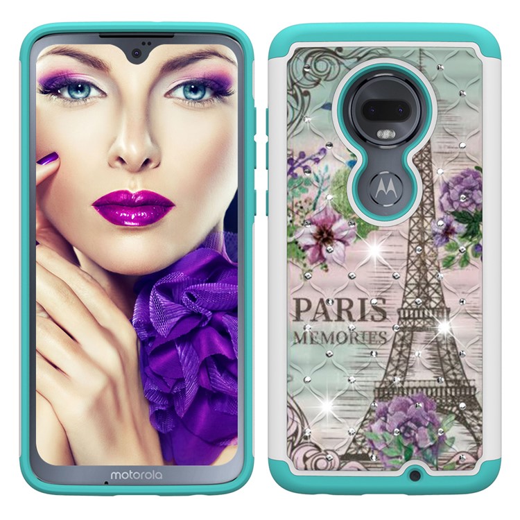 Patterned Rhinestone Decor PC TPU Phone Case for Motorola Moto G7/Moto G7 Plus - Eiffel Tower and Flower-7
