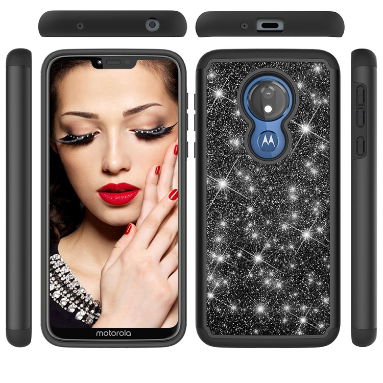 For Motorola Moto G7 Power (US Version) Flash Powder PC+TPU Hybrid Phone Case - Black-9