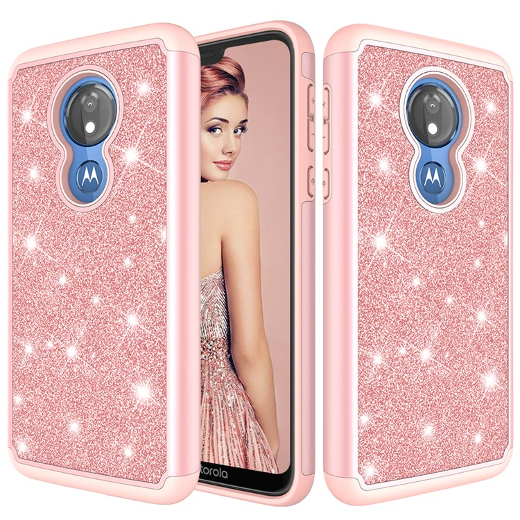 For Motorola Moto G7 Power (US Version) Flash Powder PC+TPU Hybrid Phone Case - Rose Gold-1