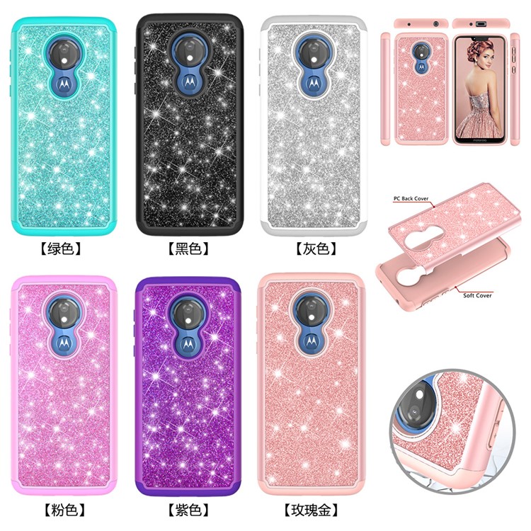 For Motorola Moto G7 Power (US Version) Flash Powder PC+TPU Hybrid Phone Case - Rose Gold-11