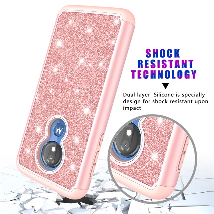 For Motorola Moto G7 Power (US Version) Flash Powder PC+TPU Hybrid Phone Case - Rose Gold-4