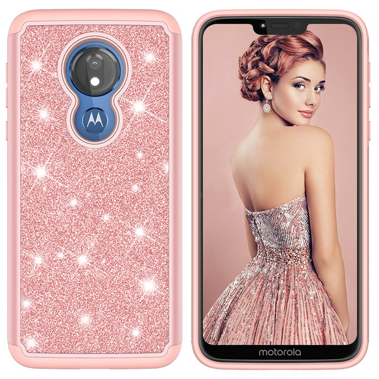 For Motorola Moto G7 Power (US Version) Flash Powder PC+TPU Hybrid Phone Case - Rose Gold-5