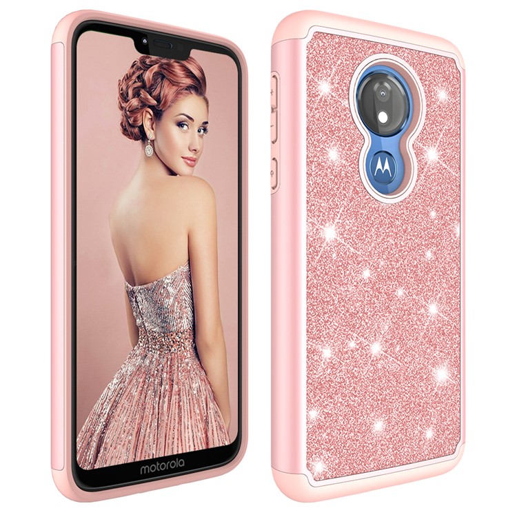 For Motorola Moto G7 Power (US Version) Flash Powder PC+TPU Hybrid Phone Case - Rose Gold-7