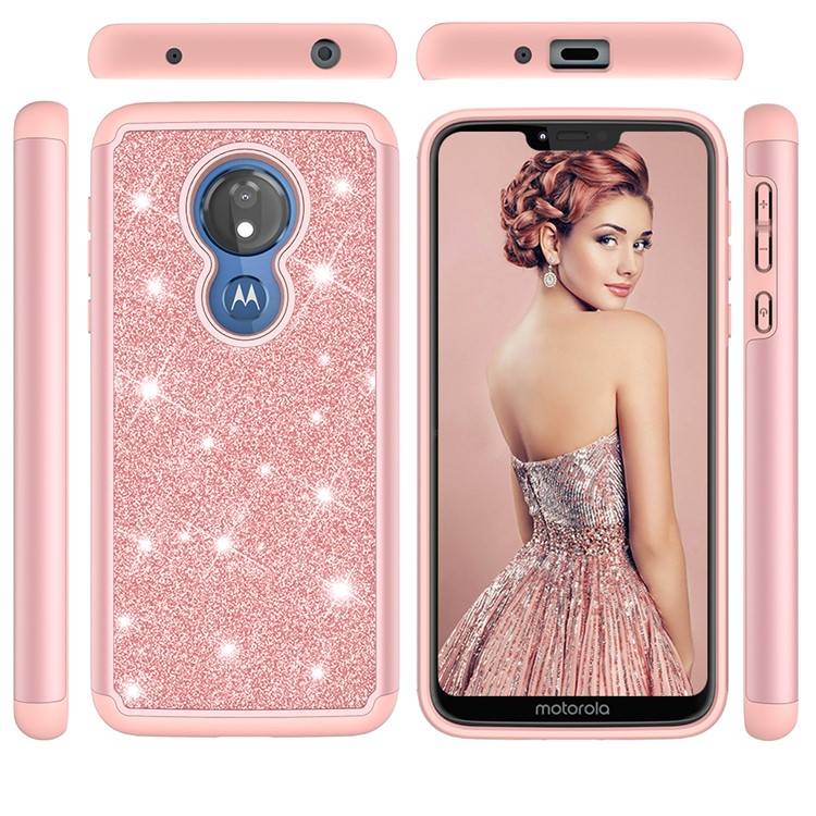 For Motorola Moto G7 Power (US Version) Flash Powder PC+TPU Hybrid Phone Case - Rose Gold-9