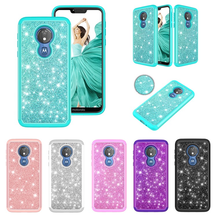 For Motorola Moto G7 Power (US Version) Flash Powder PC+TPU Hybrid Phone Case - Cyan-10