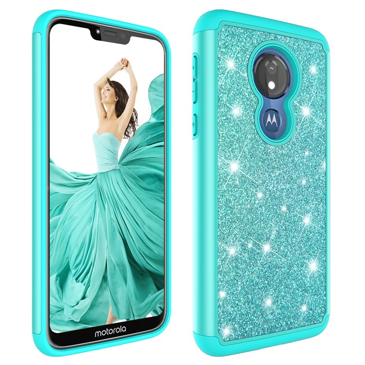 For Motorola Moto G7 Power (US Version) Flash Powder PC+TPU Hybrid Phone Case - Cyan-8