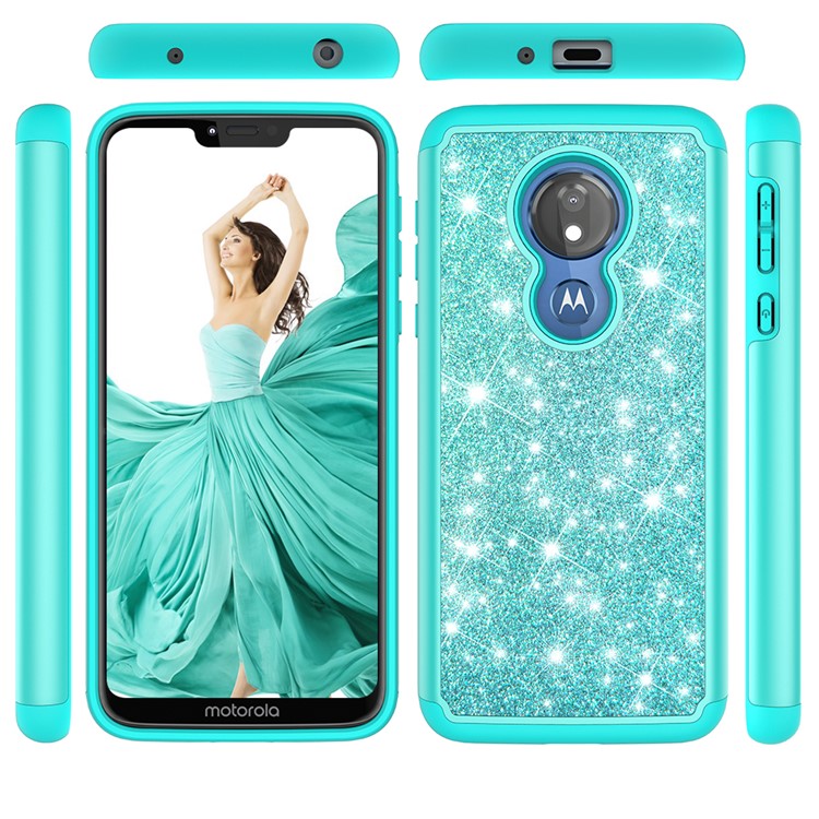 For Motorola Moto G7 Power (US Version) Flash Powder PC+TPU Hybrid Phone Case - Cyan-9