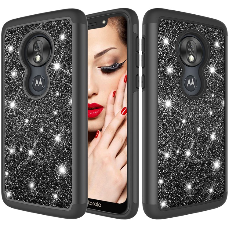 For Motorola Moto G7 Play (US Version) Flash Powder PC+TPU Hybrid Phone Cover Case - Black-1