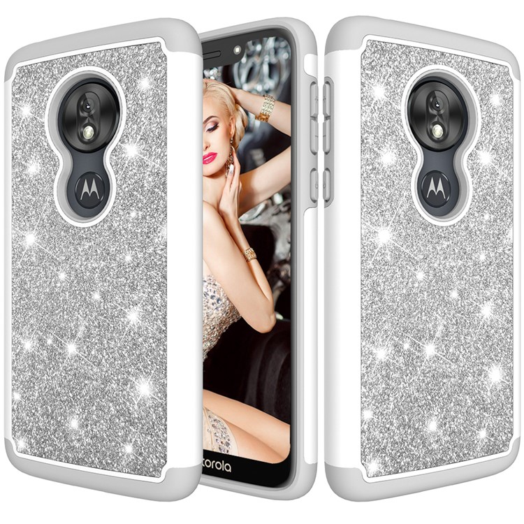 For Motorola Moto G7 Play (US Version) Flash Powder PC+TPU Hybrid Phone Cover Case - Silver-1