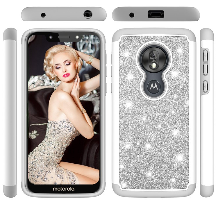 For Motorola Moto G7 Play (US Version) Flash Powder PC+TPU Hybrid Phone Cover Case - Silver-2